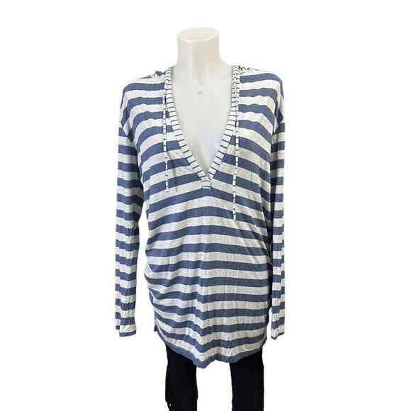 Tommy Bahama Striped Blue Longseeve Deep V Neck Cover Up Beach Hoodie sz M - Picture 2 of 8